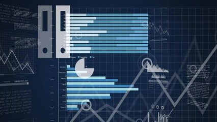 Poster - Animation of financial data processing with business icons on black background