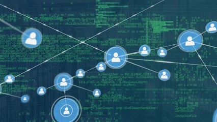 Poster - Animation of network of connections with icons and data processing over server room