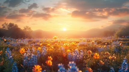 Poster - World environment day concept: Calm of country meadow sunrise landscape background.