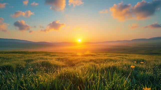 world environment day concept: calm of country meadow sunrise landscape background.
