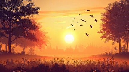 Wall Mural - World environment day concept: Silhouette birds flying on meadow autumn sunrise landscape background