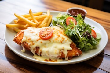 Wall Mural - Fried chicken fillet with cheese sauce and french fries on wooden table