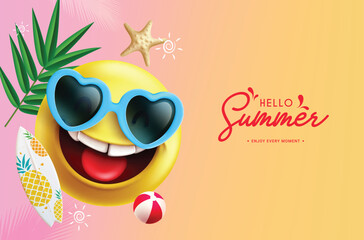 Wall Mural - Summer hello emoji vector design. Summer hello greeting text with yellow emoji smiling face wearing sunglasses for holiday season tropical background. Vector illustration summer emoji greeting design.