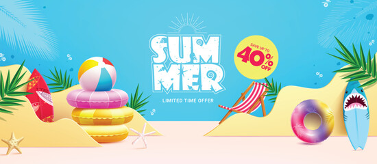 Wall Mural - Summer sale vector banner design. Summer limited time offer text with beach elements in podium background for product display advertisement. Vector illustration summer holiday shopping banner. 
