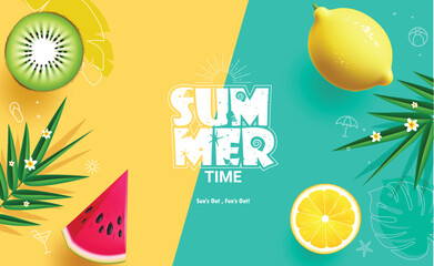 Wall Mural - Summer time greeting text vector template. Summer time greeting with slice kiwi, watermelon and lemon for tropical season fruits elements in yellow and green background. Vector illustration summer 