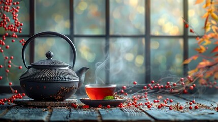 Wall Mural - Herbal tea background. Tea cups with various dried tea leaves and flowers were shot from above on a rustic wooden table. Assortment of dry tea in ceramic bowls with copy space