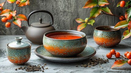 Wall Mural - Herbal tea background. Tea cups with various dried tea leaves and flowers were shot from above on a rustic wooden table. Assortment of dry tea in ceramic bowls with copy space