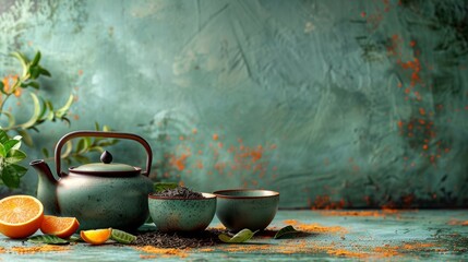 Wall Mural - Herbal tea background. Tea cups with various dried tea leaves and flowers were shot from above on a rustic wooden table. Assortment of dry tea in ceramic bowls with copy space