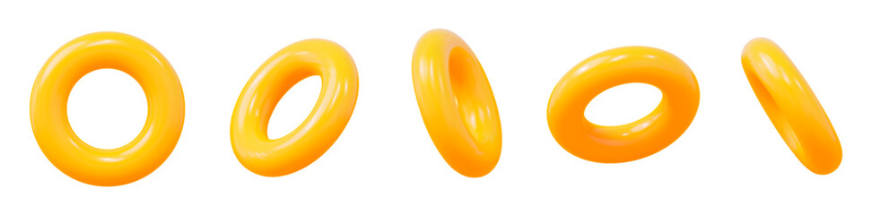 Aufkleber - 3d set of yellow torus symbol or icon with different angles. Geometry figure tor form. Stock vector illustration on isolated background.