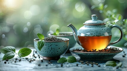 Wall Mural - Herbal tea background. Tea cups with various dried tea leaves and flowers were shot from above on a rustic wooden table. Assortment of dry tea in ceramic bowls with copy space