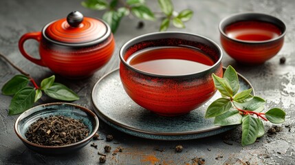 Wall Mural - Herbal tea background. Tea cups with various dried tea leaves and flowers were shot from above on a rustic wooden table. Assortment of dry tea in ceramic bowls with copy space