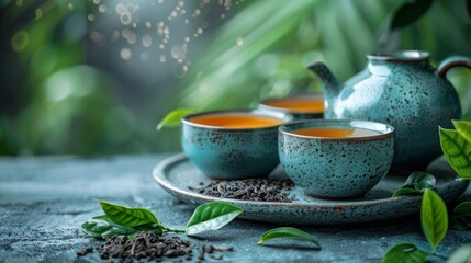 Wall Mural - Herbal tea background. Tea cups with various dried tea leaves and flowers were shot from above on a rustic wooden table. Assortment of dry tea in ceramic bowls with copy space