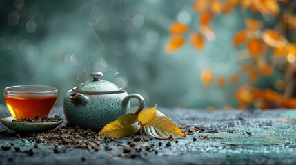 Herbal tea background. Tea cups with various dried tea leaves and flowers were shot from above on a rustic wooden table. Assortment of dry tea in ceramic bowls with copy space