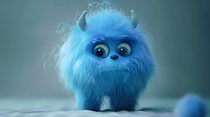 Wall Mural - Cute blue furry monster cartoon character.