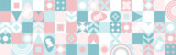 Fototapeta Abstrakcje - Seamless background for the spring holiday of Easter with a texture of circles and squares. Mosaic with geometric shapes, pastel background with eggs and hares.