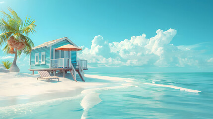 Wall Mural - A small cottage on a white sandy beach. The beach is surrounded by crystal blue water and is lined with palm trees. The sky is blue with large white clouds.