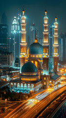 Canvas Print - Beautiful mosque in the middle of the city at night. Islamic Background
