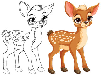 Sticker - Vector illustration of a cartoon fawn, colored and outlined.