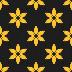 Wall Mural - Yellow dotted flowers on black background. Vector seamless pattern. Best for textile, wallpapers, wrapping paper, package and your design.