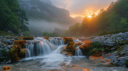  Amazing of spring mountains in europe,a small waterfall,spring,sunrise,fog,blue hour,soft light
