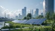6w photorealistic image of a solar installation on a sunny day with a modern city in the background 