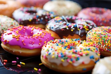 Delicious donuts with icing and colorful sprinkles