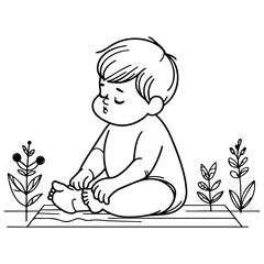 Wall Mural - Continuous one black line art hand drawing child sitting alone doodles outline cartoon style coloring page vector illustration  on white background