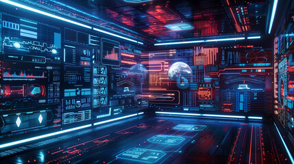 Poster - futuristic cyber security server, modern digital data protection secure networking, cyber tech background or wallpaper, data monitoring room full of virtual screens