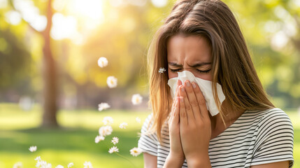 Wall Mural - a woman sneezing into a paper tissue. allergies, hay fever, colds, Spring allergies, and getting sick concept.