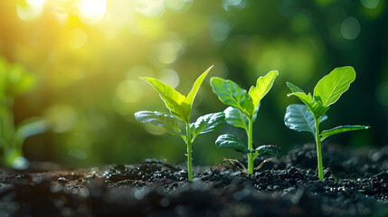 A row of young green plants growing in soil, with a blurred green background and bokeh effect.