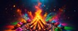 Illustration of bonfire with bowls filled with color powders for holika dahan.