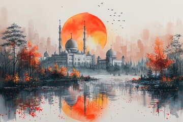 Wall Mural - design watercolour painting of ramadan decoration and islamic greeting card background