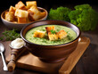Tasty broccoli soup in a bowl with fried bread croutons and chives on a wooden board 