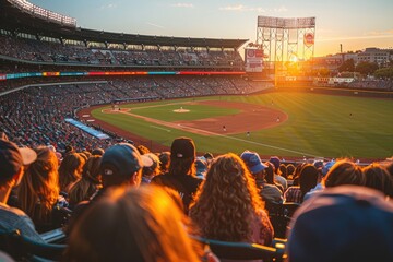 Wall Mural - Watching a baseball game at stadium crowd from far away professional photography