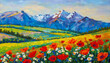 Beautiful spring landscape with colorful poppy flowers in mountains. oil painting, 