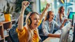 © R Studio - Happy Call Center Agents Celebrating Success, Vibrant Workspace, Positive Customer Experience