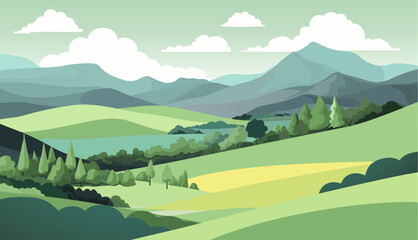 a rural landscape background of rolling hills and mountains. fields, farm land and trees.