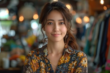 Wall Mural - Portrait of young woman in clothing store. Natural light photography with shallow depth of field