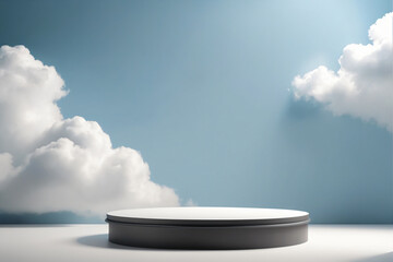 Wall Mural - Cloud background podium blue 3d product sky white display platform render abstract stage pastel scene. Podium stand light minimal cloud background studio dreamy pedestal
