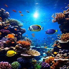 Tropical sea underwater fishes on coral reef. Aquarium oceanarium wildlife colorful marine panorama landscape