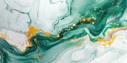 Emerald green and gold abstract marbled pattern.