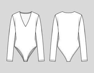Wall Mural - V-neck bodysuit with long sleeves. Vector technical sketch. Mockup template.