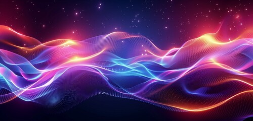 Fototapete - technology wave of neon light, abstract artwork with glowing space background