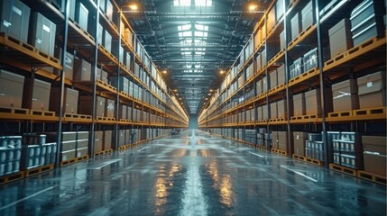Aufkleber - A large warehouse with many boxes stacked on shelves. Generative AI