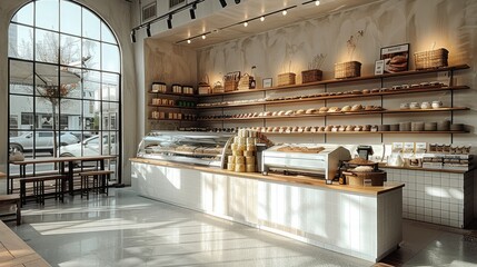 Aufkleber - A nice bakery, industrial design, modern and bright. Generative AI.