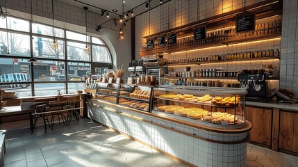 Poster - A nice bakery, industrial design, modern and bright. Generative AI.