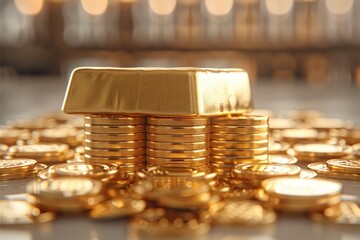 Poster - Gold bar put on top of stacks of gold coin. Generative AI.