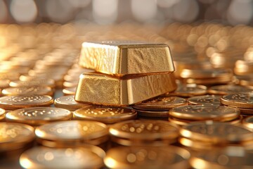 Poster - Gold bar put on top of stacks of gold coin. Generative AI.
