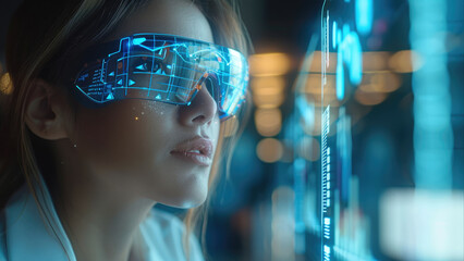 Poster - Financial analysts woman use augmented reality (AR) glasses to overlay financial data and charts onto their real-world view. The AR interface could display interactive data points. Generative AI.