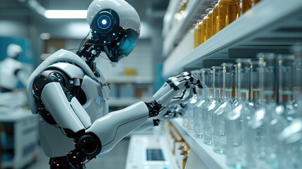 Poster - A robot hand mixing tubes in an ultra modern laboratory. Generative AI.